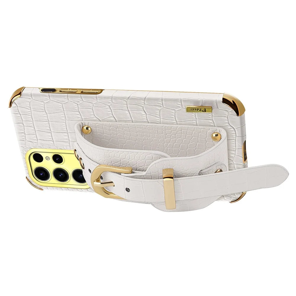 For Samsung Galaxy S25 Ultra Case Wristband Kickstand Crocodile Texture PU + TPU Electroplating Phone Cover - White - 3