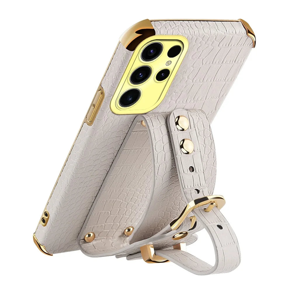 For Samsung Galaxy S25 Ultra Case Wristband Kickstand Crocodile Texture PU + TPU Electroplating Phone Cover - White - 4