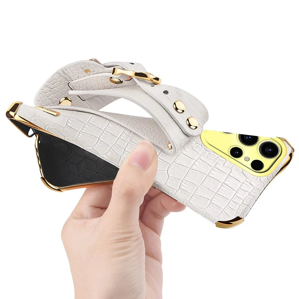 For Samsung Galaxy S25 Ultra Case Wristband Kickstand Crocodile Texture PU + TPU Electroplating Phone Cover - White - 5