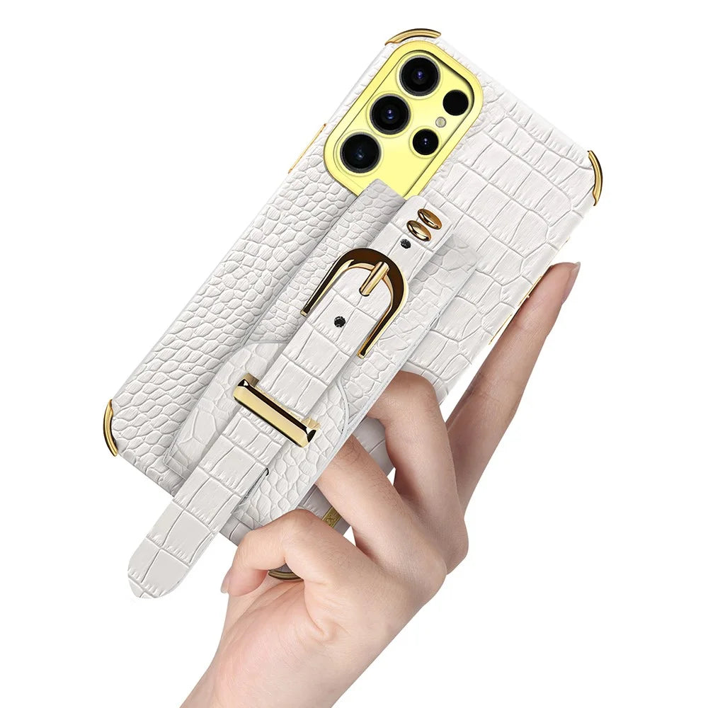 For Samsung Galaxy S25 Ultra Case Wristband Kickstand Crocodile Texture PU + TPU Electroplating Phone Cover - White - 6