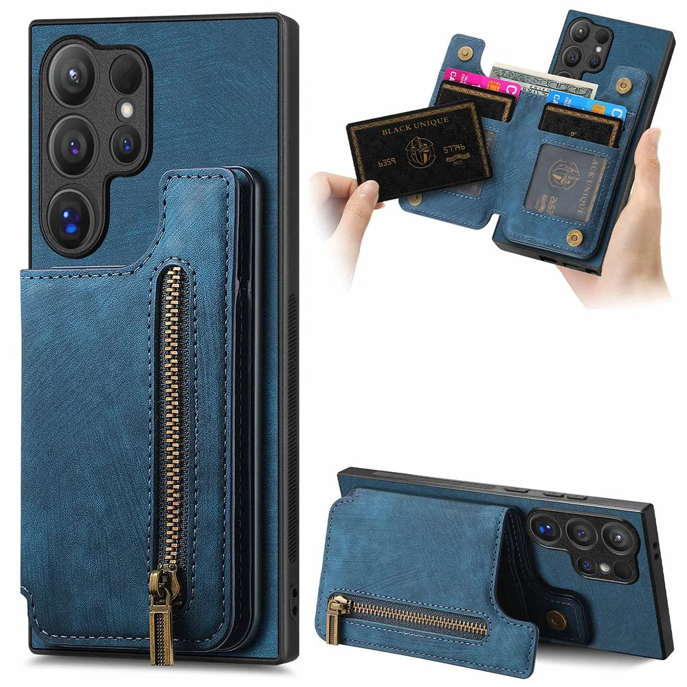 For Samsung Galaxy S25 Ultra Case with Zipper Card Holder Retro Leather TPU Phone Cover - Blue - 1