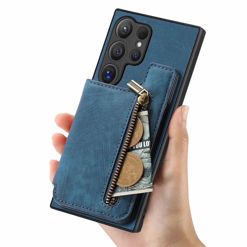 For Samsung Galaxy S25 Ultra Case with Zipper Card Holder Retro Leather TPU Phone Cover - Blue - 5