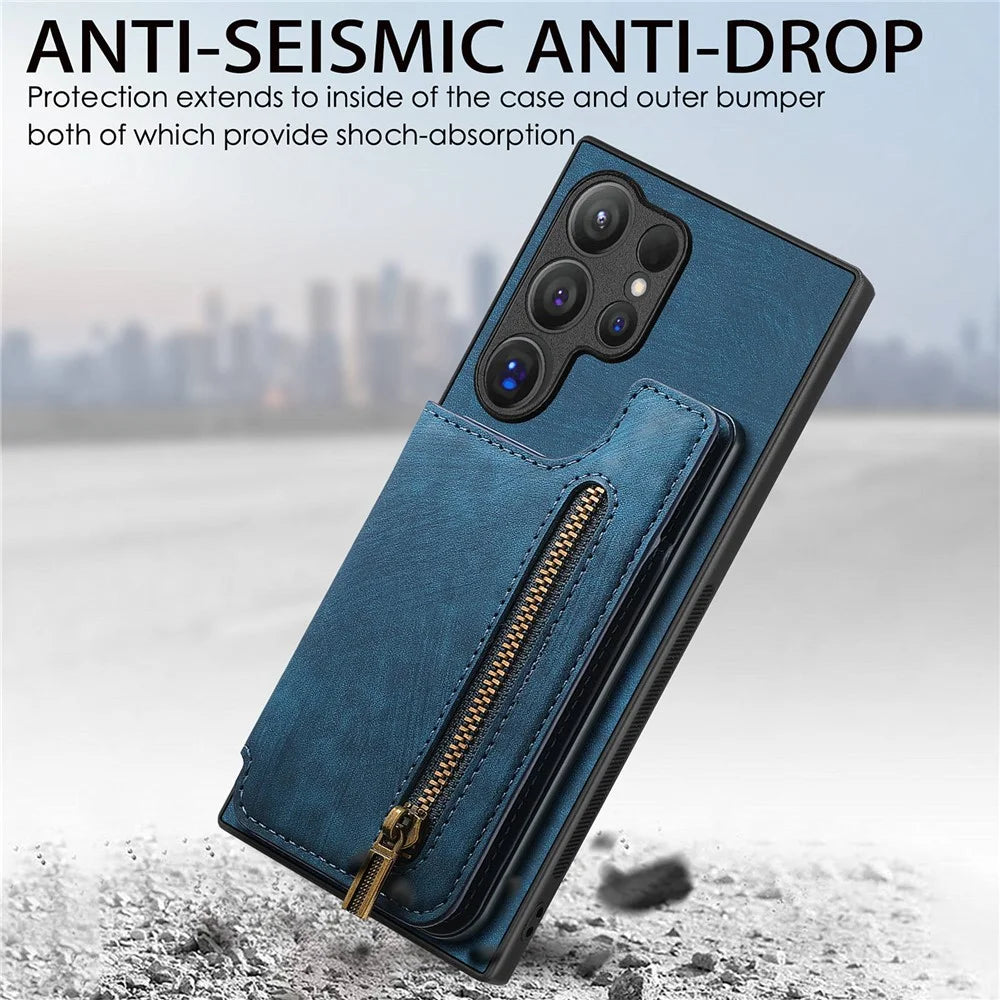 For Samsung Galaxy S25 Ultra Case with Zipper Card Holder Retro Leather TPU Phone Cover - Blue - 6