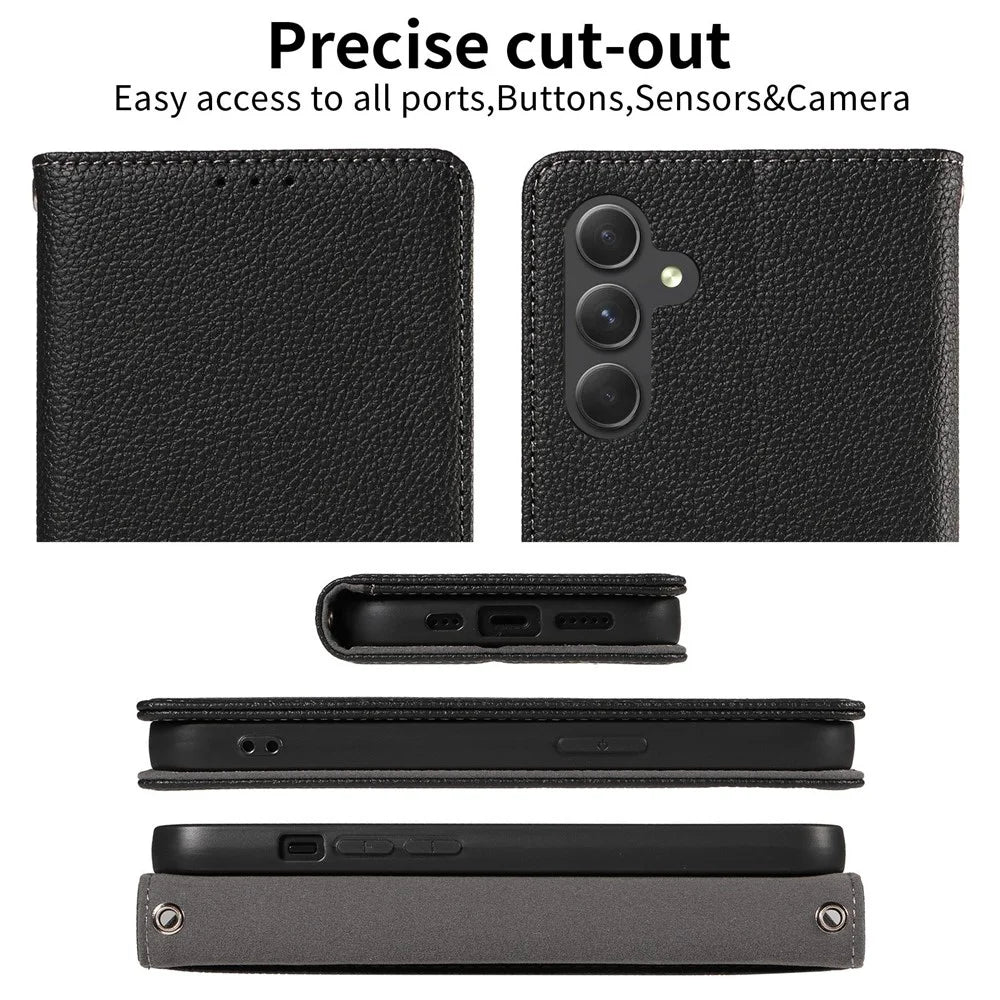 For Samsung Galaxy A16 5G  /  4G Case Magnetic Litchi Texture Wallet Leather Phone Cover with Wrist Strap - Black - 7