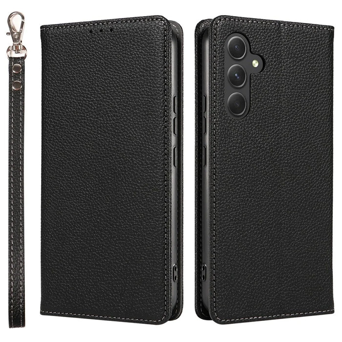 For Samsung Galaxy A56 5G Case Magnetic Litchi Texture Wallet Leather Phone Cover with Wrist Strap - Black - 1