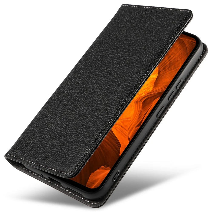 For Samsung Galaxy A56 5G Case Magnetic Litchi Texture Wallet Leather Phone Cover with Wrist Strap - Black - 5
