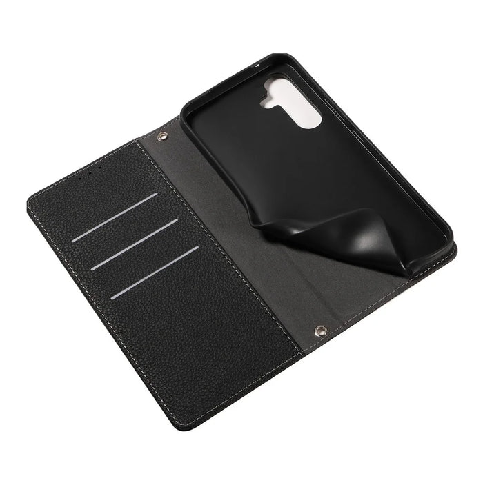 For Samsung Galaxy A56 5G Case Magnetic Litchi Texture Wallet Leather Phone Cover with Wrist Strap - Black - 6