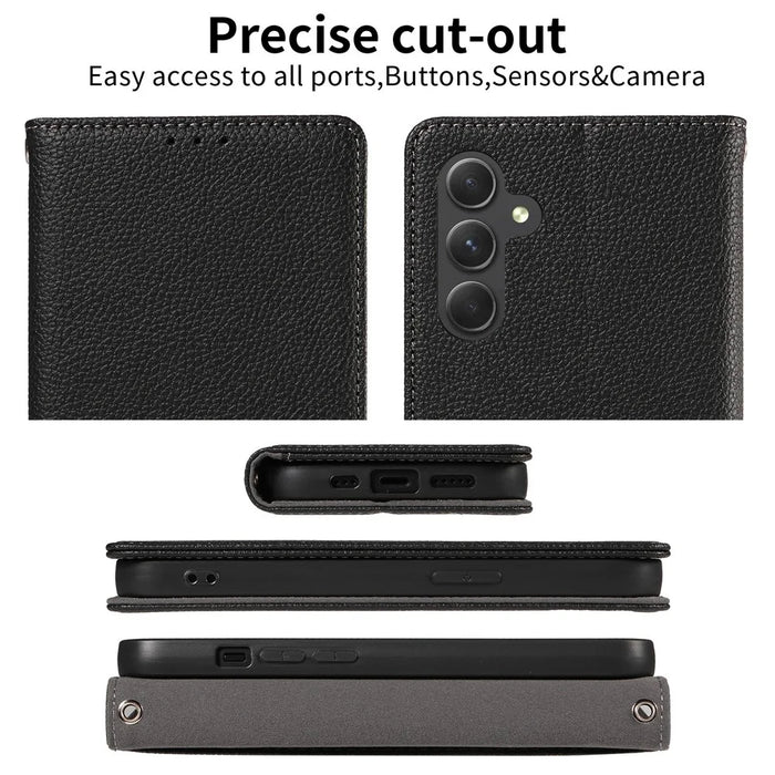 For Samsung Galaxy A56 5G Case Magnetic Litchi Texture Wallet Leather Phone Cover with Wrist Strap - Black - 7