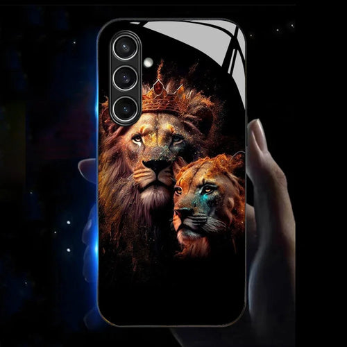 For Samsung Galaxy S25+ Case Call Flash Series Pattern Printing Tempered Glass + TPU Combo Phone Case - Golden Lion - 1