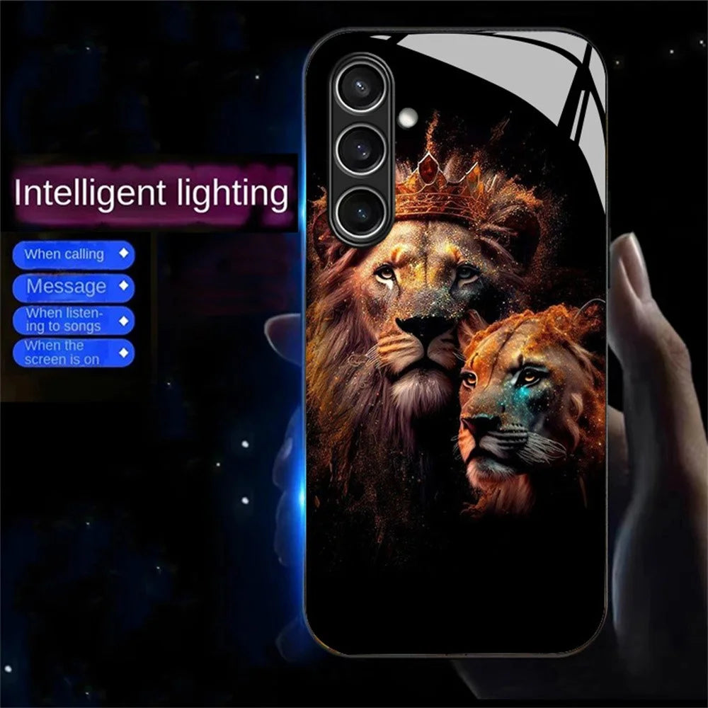 For Samsung Galaxy S25+ Case Call Flash Series Pattern Printing Tempered Glass + TPU Combo Phone Case - Golden Lion - 2