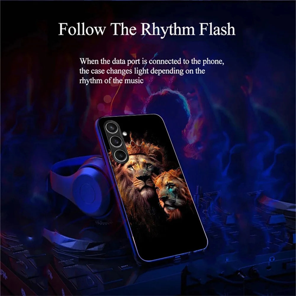 For Samsung Galaxy S25+ Case Call Flash Series Pattern Printing Tempered Glass + TPU Combo Phone Case - Golden Lion - 3
