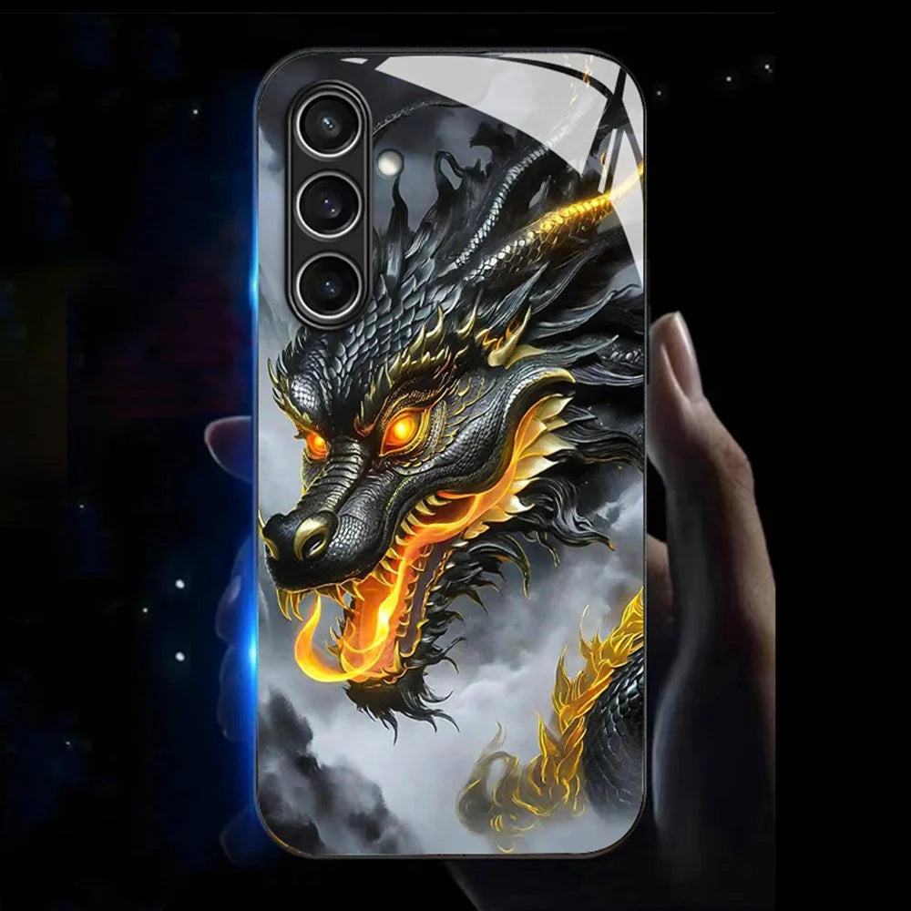For Samsung Galaxy A18 5G / A18 4G / A17 5G / A17 4G / A26 5G Case Call Flash Series Pattern Printing Tempered Glass + TPU Combo Phone Case - Black Dragon - 1