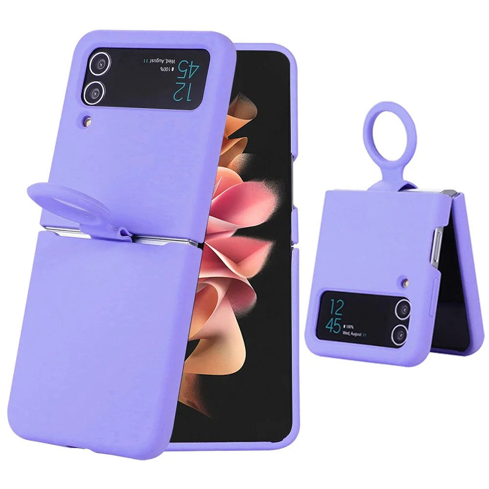 For Samsung Galaxy Z Flip3 5G Liquid Silicone Phone Case Drop-proof Folding Protective Cover with Finger Ring Holder - Purple - 1