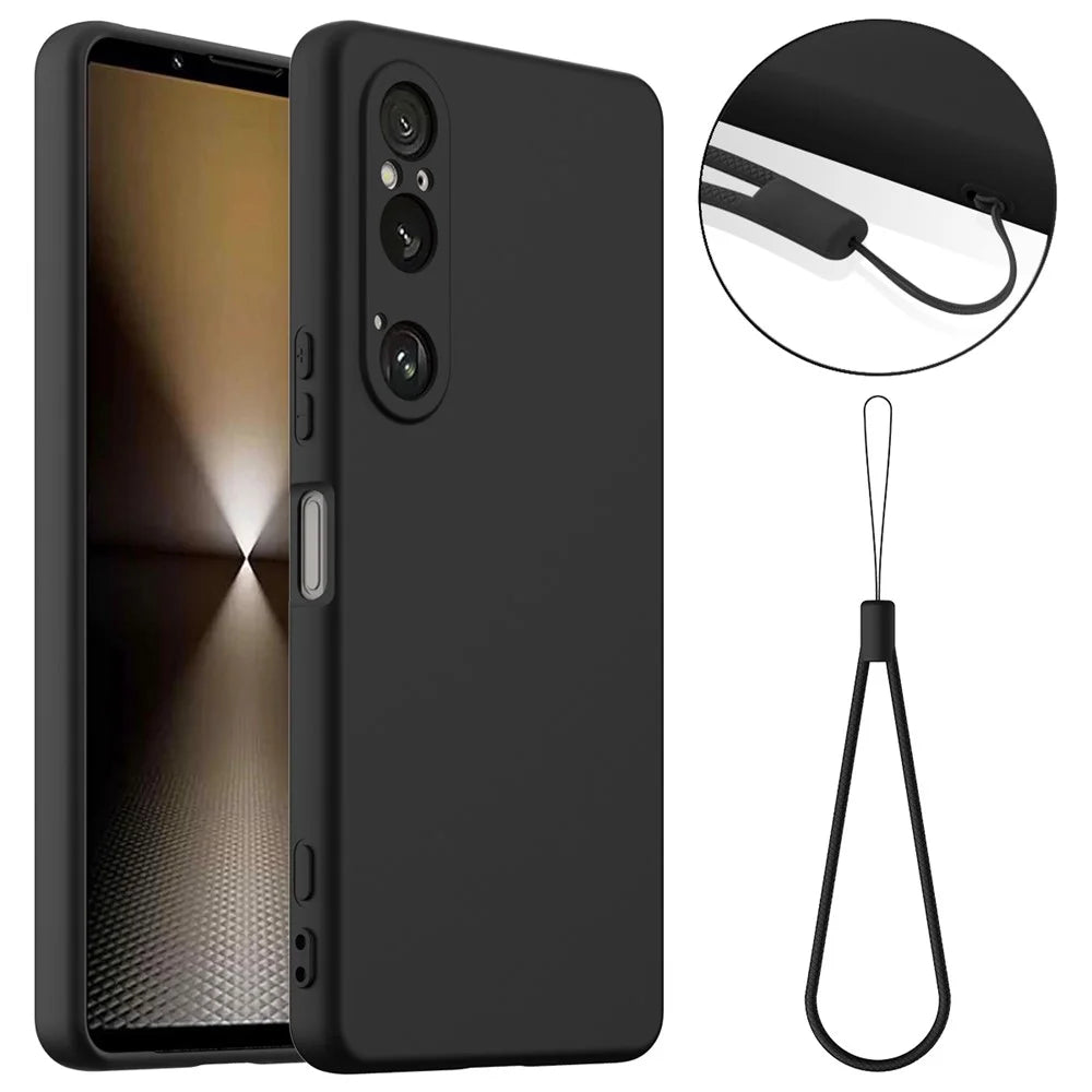 For Sony Xperia 1 VI Magnetic Case Anti-Drop Liquid Silicone Phone Cover with Lanyard - Black - 1