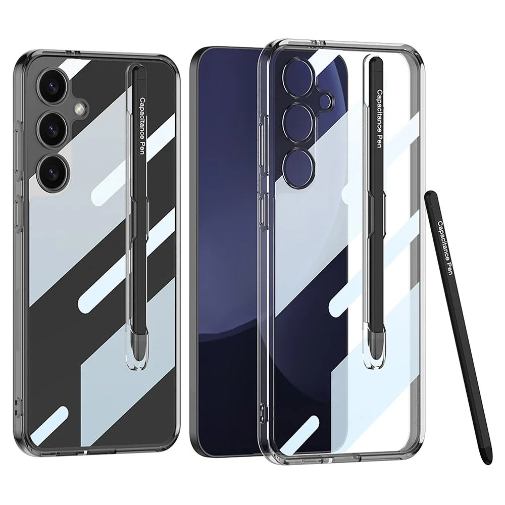 GKK For Samsung Galaxy S25 Case Crystal Clear TPU+PC Shockproof Phone Cover with Stylus - Transparent Black - 1