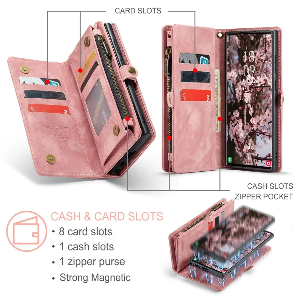 CASEME For Samsung Galaxy S25 Ultra Phone Cases  008 Leather Cover with Detachable Wallet and Strap - Pink - 6