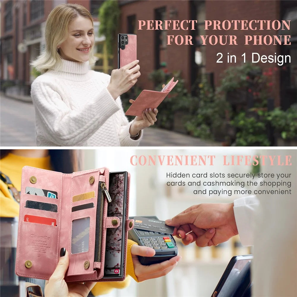 CASEME For Samsung Galaxy S25 Ultra Phone Cases  008 Leather Cover with Detachable Wallet and Strap - Pink - 7