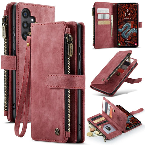 CASEME For Samsung Galaxy S25+ Phone Cases with Strap  C30 Zipper Multiple Card Holder PU Leather Cover - Red - 1