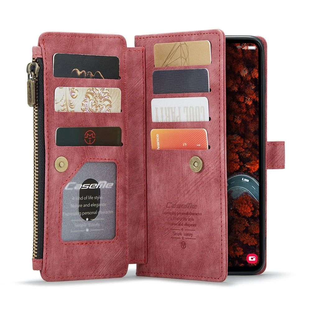CASEME For Samsung Galaxy S25+ Phone Cases with Strap  C30 Zipper Multiple Card Holder PU Leather Cover - Red - 3