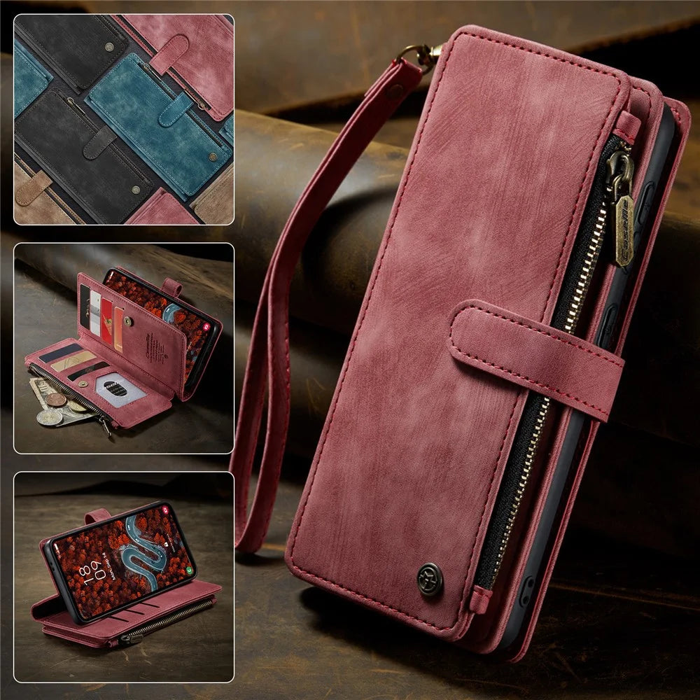 CASEME For Samsung Galaxy S25+ Phone Cases with Strap  C30 Zipper Multiple Card Holder PU Leather Cover - Red - 5