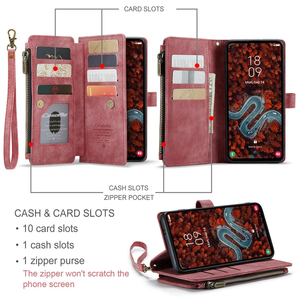 CASEME For Samsung Galaxy S25+ Phone Cases with Strap  C30 Zipper Multiple Card Holder PU Leather Cover - Red - 6