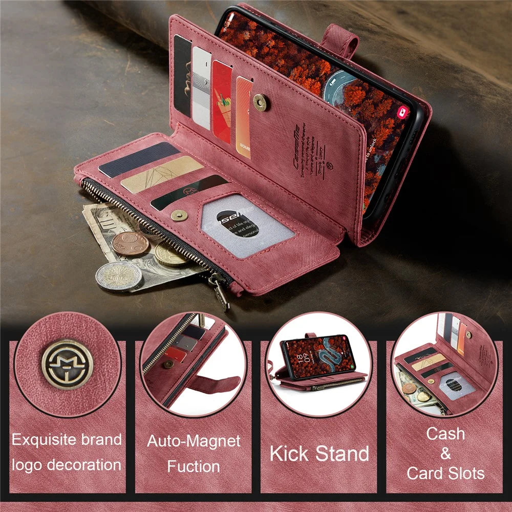 CASEME For Samsung Galaxy S25+ Phone Cases with Strap  C30 Zipper Multiple Card Holder PU Leather Cover - Red - 7