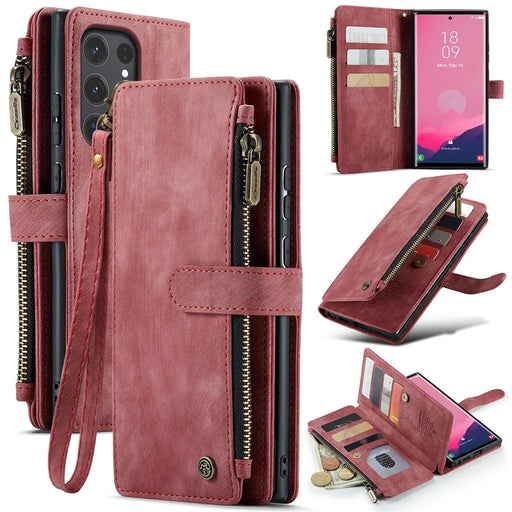 CASEME For Samsung Galaxy S25 Ultra Phone Cases with Strap  C30 Zipper Multiple Card Holder PU Leather Cover - Red - 1