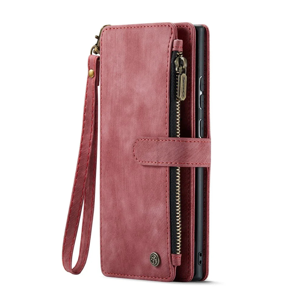 CASEME For Samsung Galaxy S25 Ultra Phone Cases with Strap  C30 Zipper Multiple Card Holder PU Leather Cover - Red - 2