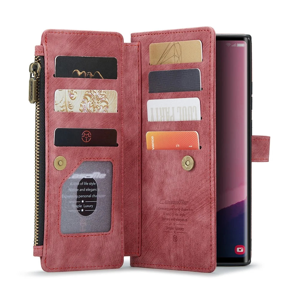 CASEME For Samsung Galaxy S25 Ultra Phone Cases with Strap  C30 Zipper Multiple Card Holder PU Leather Cover - Red - 4