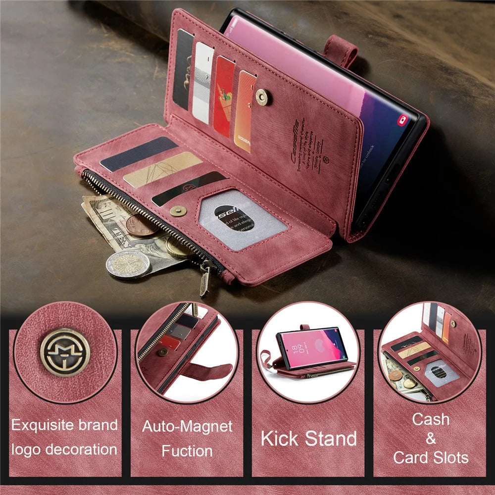 CASEME For Samsung Galaxy S25 Ultra Phone Cases with Strap  C30 Zipper Multiple Card Holder PU Leather Cover - Red - 7