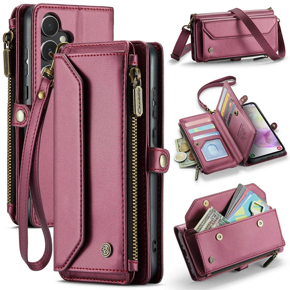 CASEME For Samsung Galaxy A36 5G Leather Case  C36 Zipper Multiple Card Slots Phone Cover with Straps - Red - 1