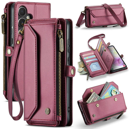 CASEME For Samsung Galaxy A36 5G Leather Case  C36 Zipper Multiple Card Slots Phone Cover with Straps - Red - 1