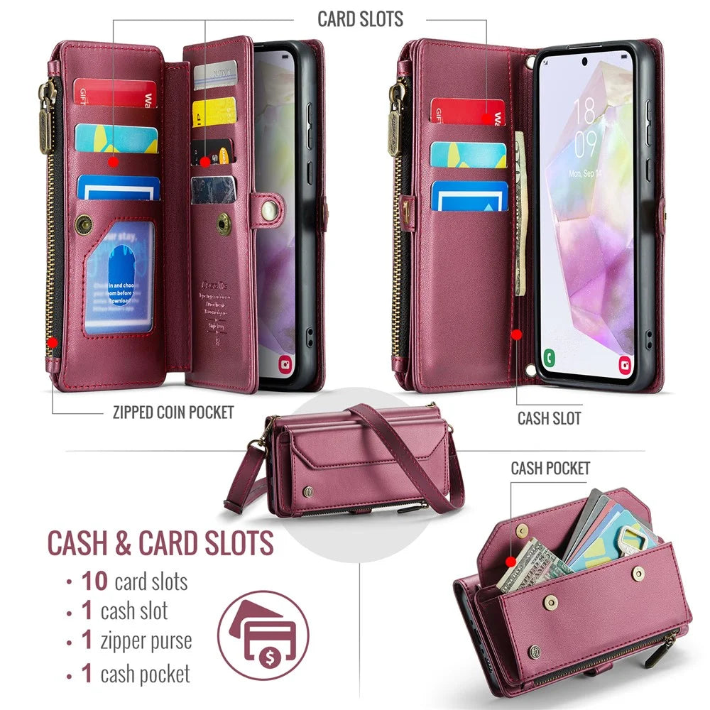 CASEME For Samsung Galaxy A36 5G Leather Case  C36 Zipper Multiple Card Slots Phone Cover with Straps - Red - 5