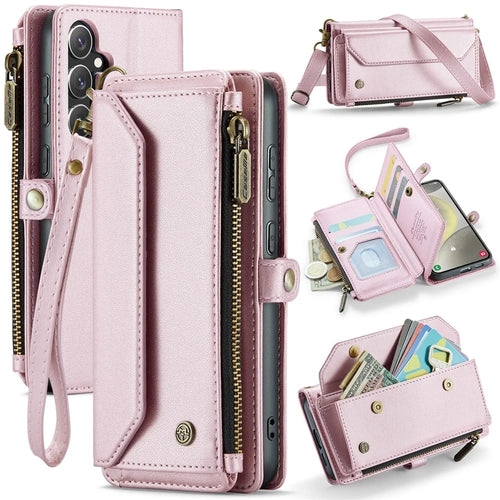 CASEME For Samsung Galaxy S25 Leather Case  C36 Zipper Multiple Card Slots Phone Cover with Straps - Pink - 1
