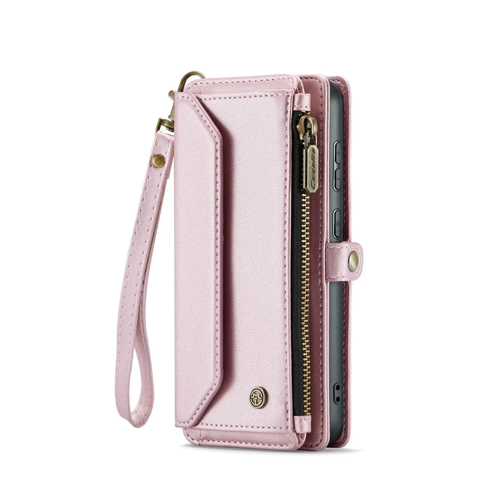 CASEME For Samsung Galaxy S25 Leather Case  C36 Zipper Multiple Card Slots Phone Cover with Straps - Pink - 2