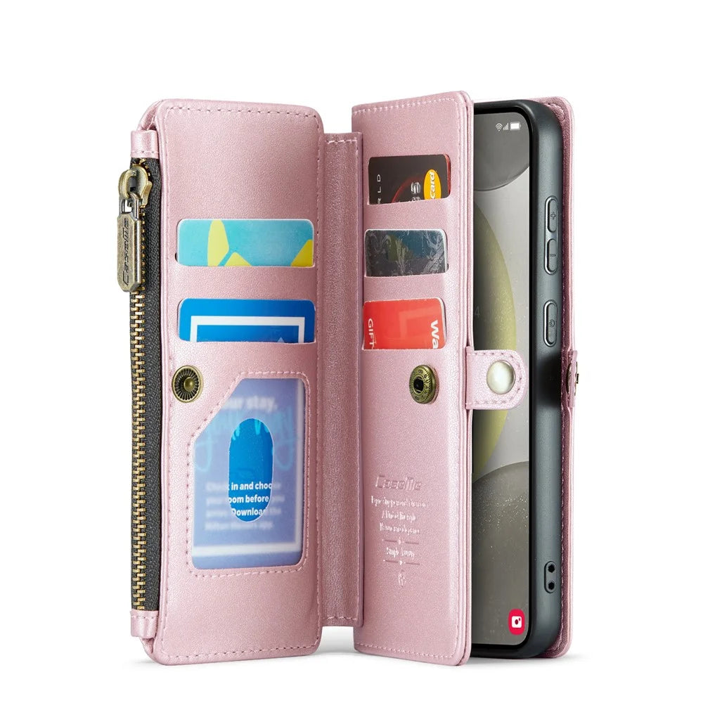 CASEME For Samsung Galaxy S25 Leather Case  C36 Zipper Multiple Card Slots Phone Cover with Straps - Pink - 3