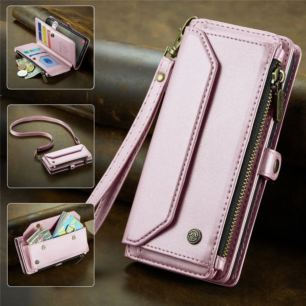 CASEME For Samsung Galaxy S25 Leather Case  C36 Zipper Multiple Card Slots Phone Cover with Straps - Pink - 5