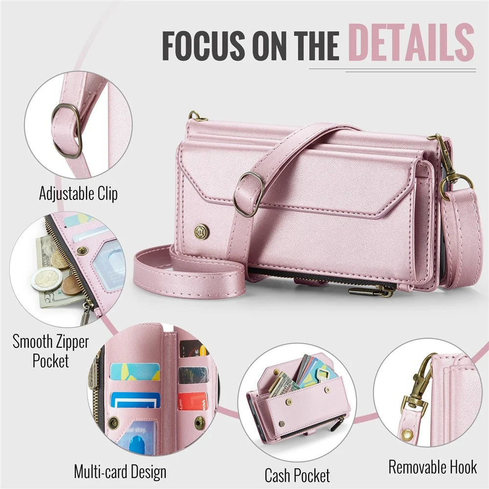 CASEME For Samsung Galaxy S25 Leather Case  C36 Zipper Multiple Card Slots Phone Cover with Straps - Pink - 6