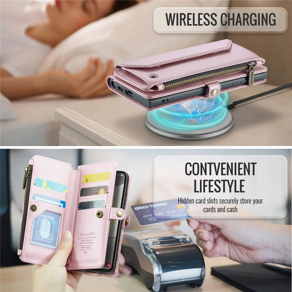 CASEME For Samsung Galaxy S25 Leather Case  C36 Zipper Multiple Card Slots Phone Cover with Straps - Pink - 7