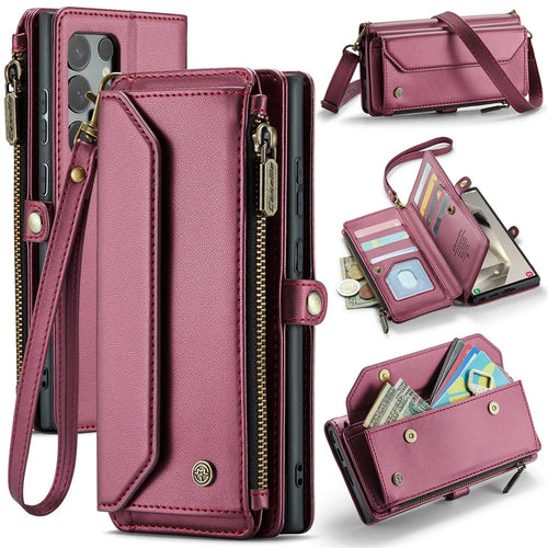 CASEME For Samsung Galaxy S25 Ultra Leather Case  C36 Zipper Multiple Card Slots Phone Cover with Straps - Red - 1