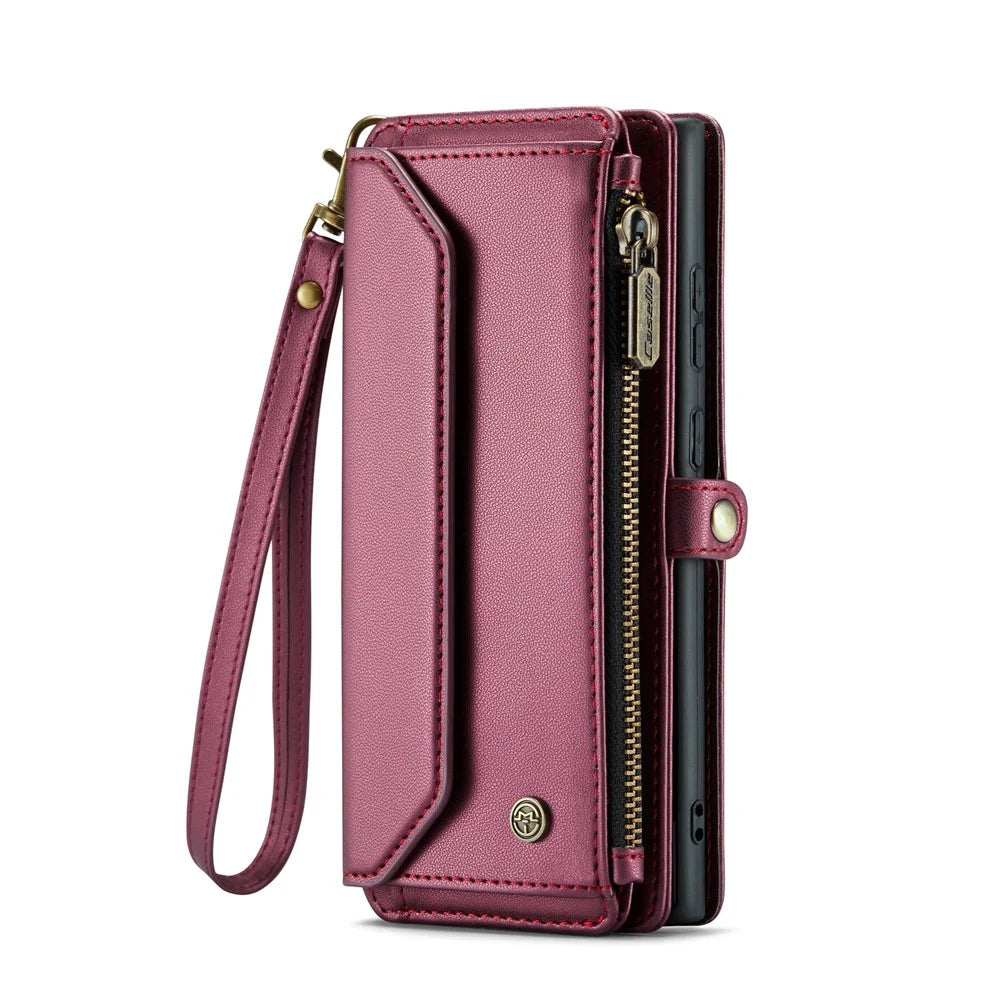 CASEME For Samsung Galaxy S25 Ultra Leather Case  C36 Zipper Multiple Card Slots Phone Cover with Straps - Red - 2