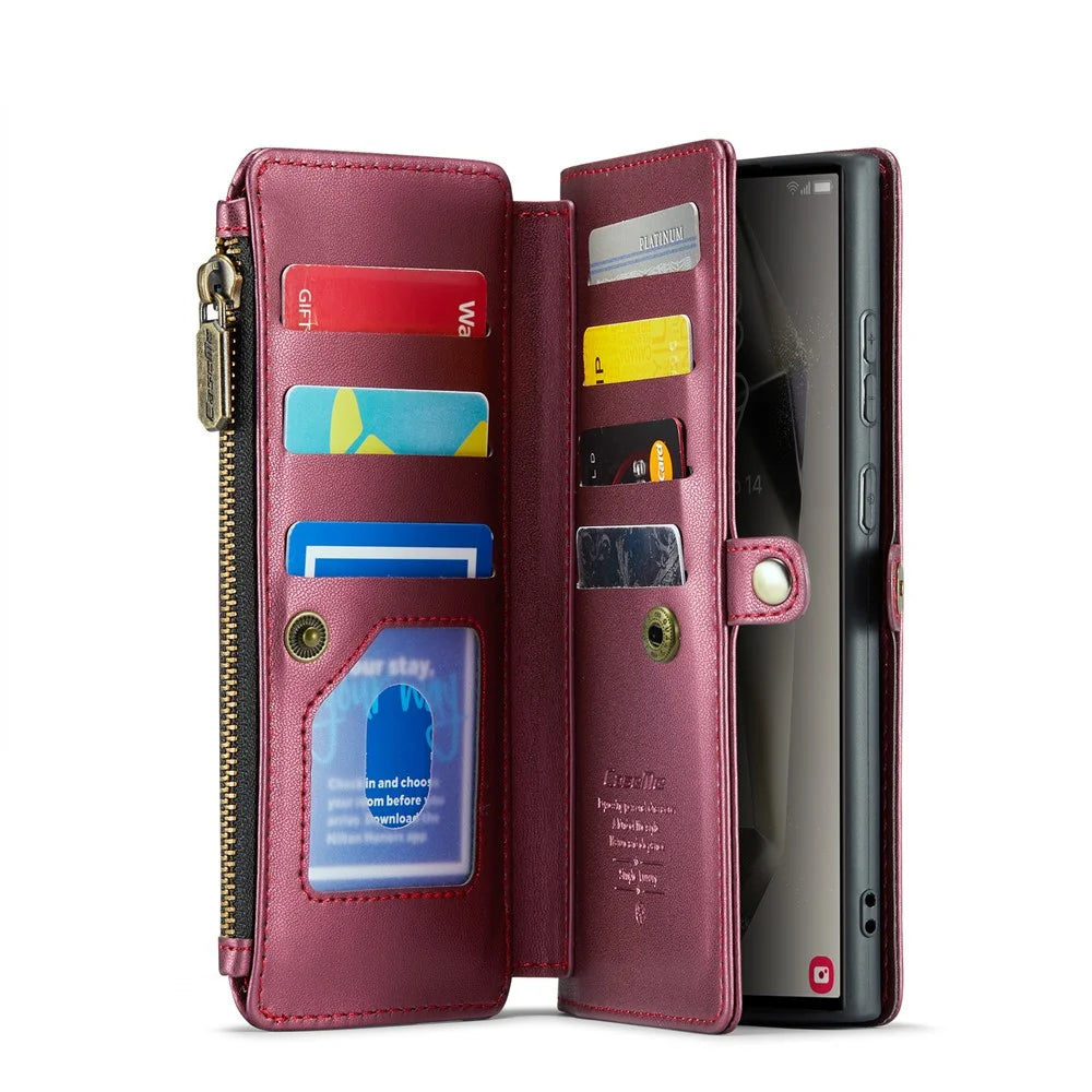 CASEME For Samsung Galaxy S25 Ultra Leather Case  C36 Zipper Multiple Card Slots Phone Cover with Straps - Red - 3