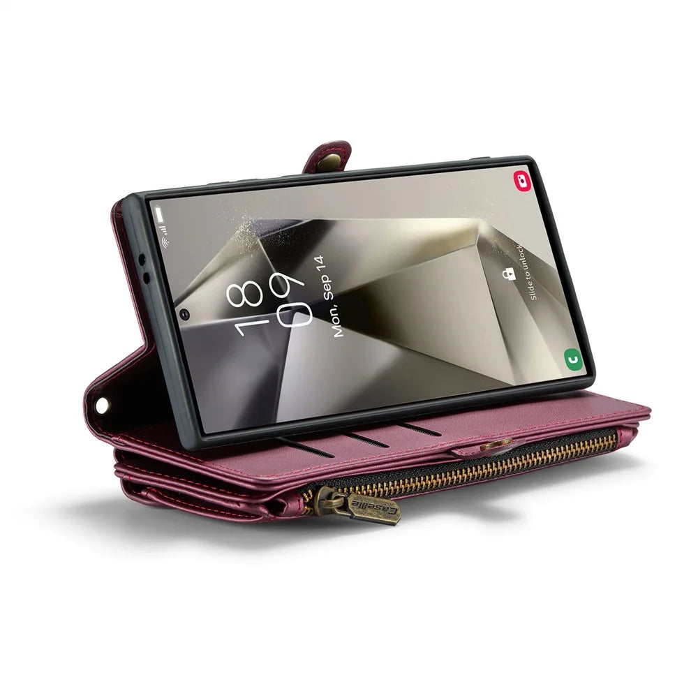 CASEME For Samsung Galaxy S25 Ultra Leather Case  C36 Zipper Multiple Card Slots Phone Cover with Straps - Red - 4