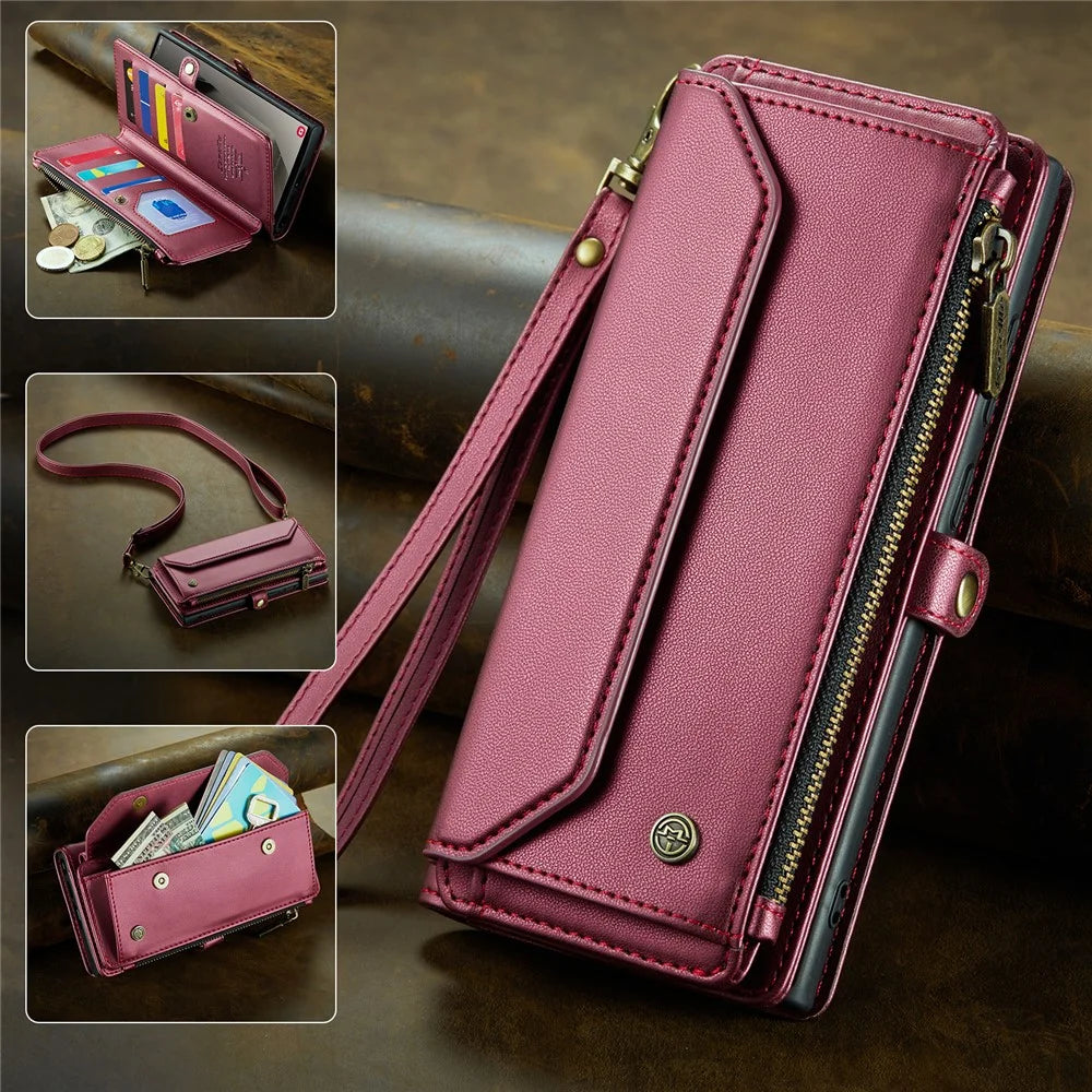 CASEME For Samsung Galaxy S25 Ultra Leather Case  C36 Zipper Multiple Card Slots Phone Cover with Straps - Red - 5