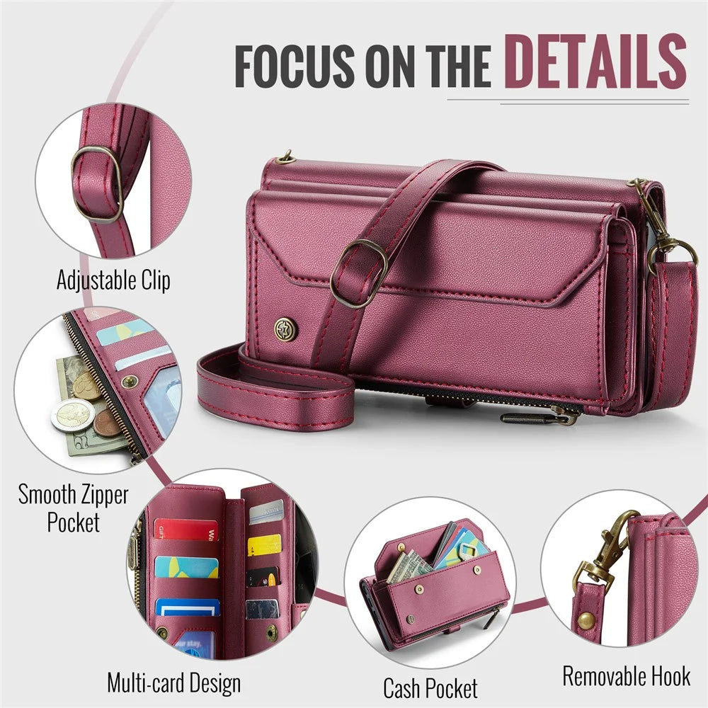 CASEME For Samsung Galaxy S25 Ultra Leather Case  C36 Zipper Multiple Card Slots Phone Cover with Straps - Red - 6