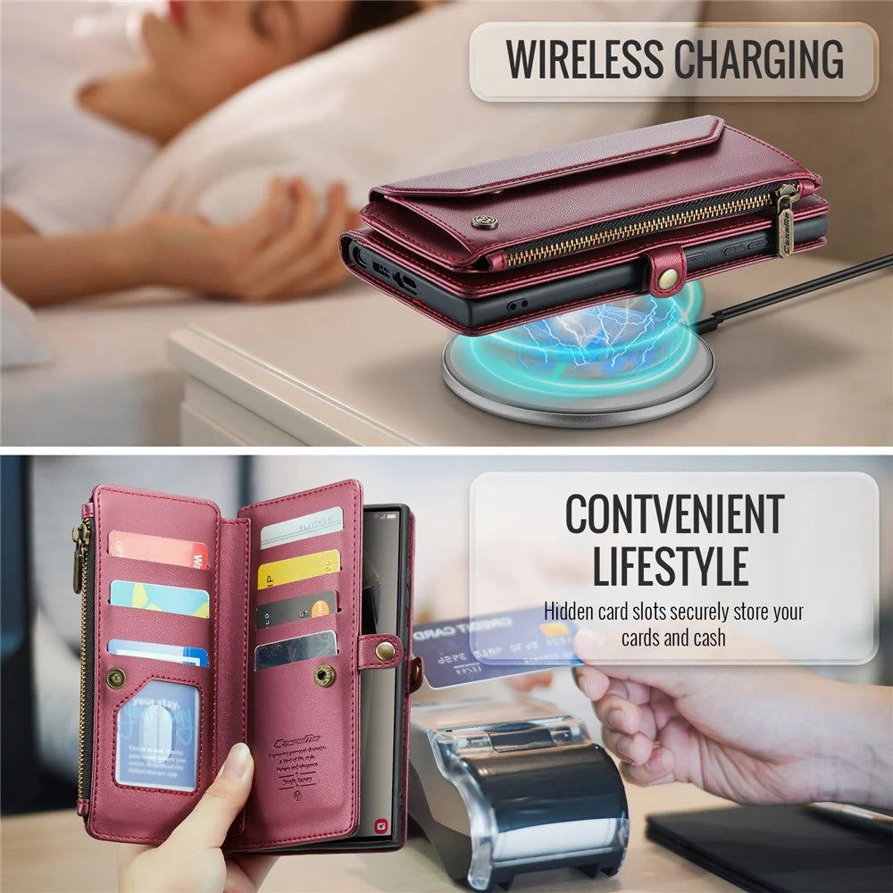 CASEME For Samsung Galaxy S25 Ultra Leather Case  C36 Zipper Multiple Card Slots Phone Cover with Straps - Red - 7