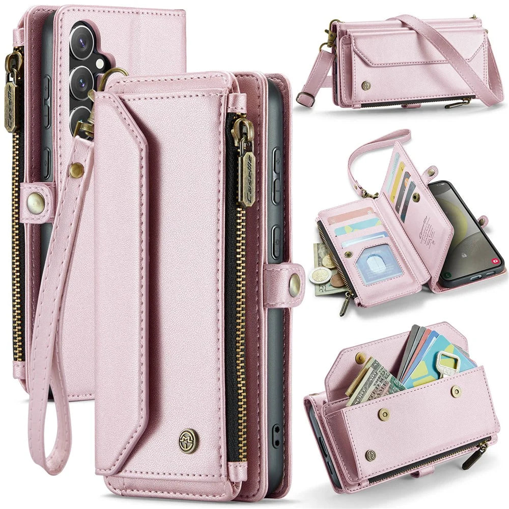 CASEME For Samsung Galaxy S25+ Leather Case  C36 Zipper Multiple Card Slots Phone Cover with Straps - Pink - 1