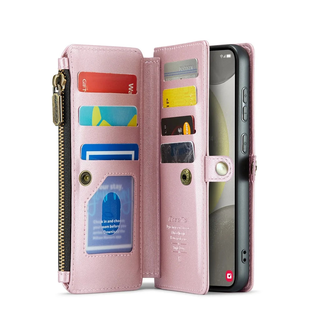 CASEME For Samsung Galaxy S25+ Leather Case  C36 Zipper Multiple Card Slots Phone Cover with Straps - Pink - 3