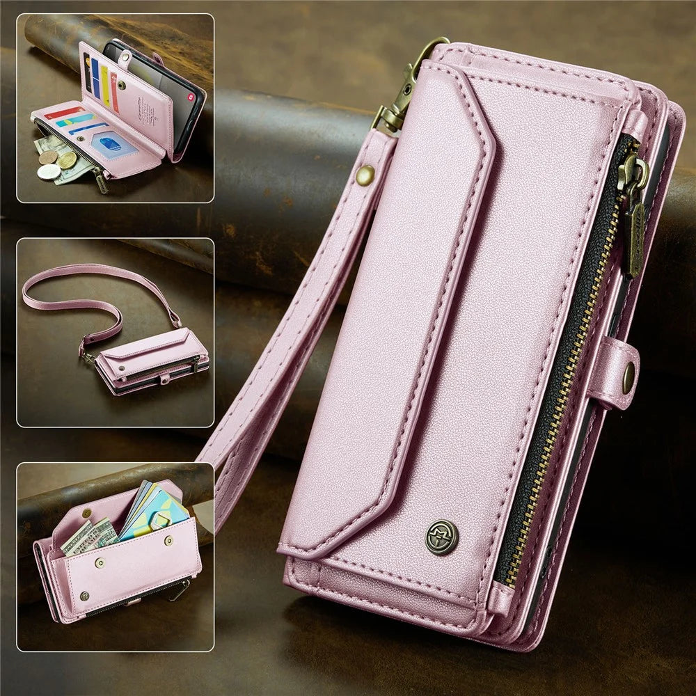 CASEME For Samsung Galaxy S25+ Leather Case  C36 Zipper Multiple Card Slots Phone Cover with Straps - Pink - 5