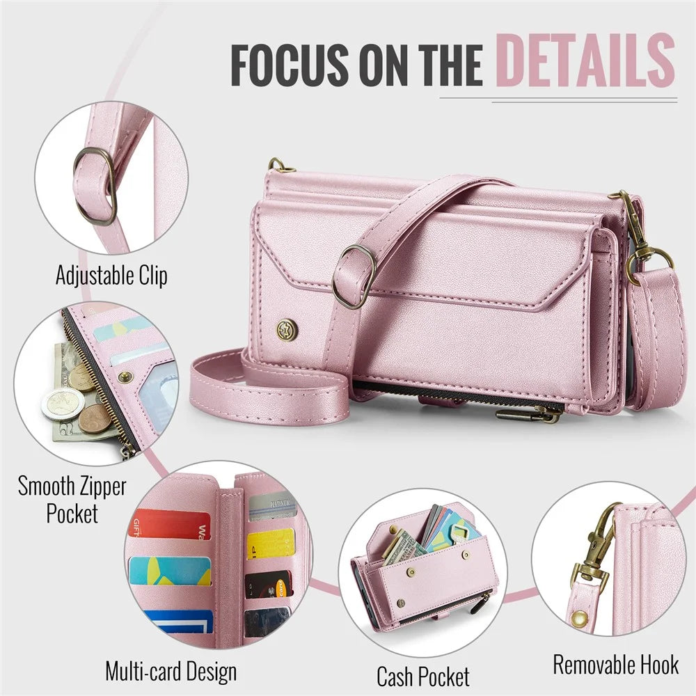 CASEME For Samsung Galaxy S25+ Leather Case  C36 Zipper Multiple Card Slots Phone Cover with Straps - Pink - 6